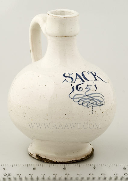 17th Century Delft Wine Bottle, Sack
London, Probably Southwark, Dated 1651, scale view